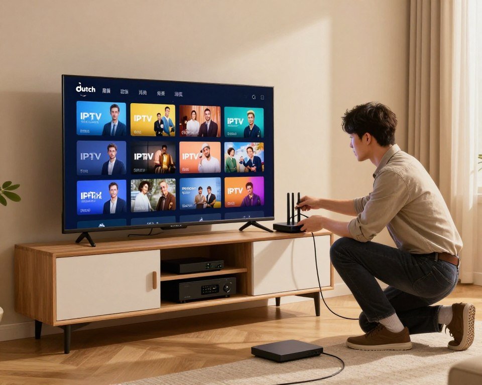 A clear and concise illustration depicting the process of Dutch IPTV installation. In the foreground, a modern living room setting featuring a smart TV displaying various IPTV channels. A professional technician in smart casual attire is seen connecting cables to the TV and a set-top box on a stylish TV stand. In the middle ground, a well-organized entertainment unit reveals network devices and streaming equipment, with vibrant display screens showcasing colorful channel options. The background features a cozy atmosphere with soft ambient lighting, emphasizing a relaxed viewing experience. Use a wide-angle lens to capture the entire scene, creating a warm and inviting mood that highlights the accessibility and convenience of IPTV in homes.