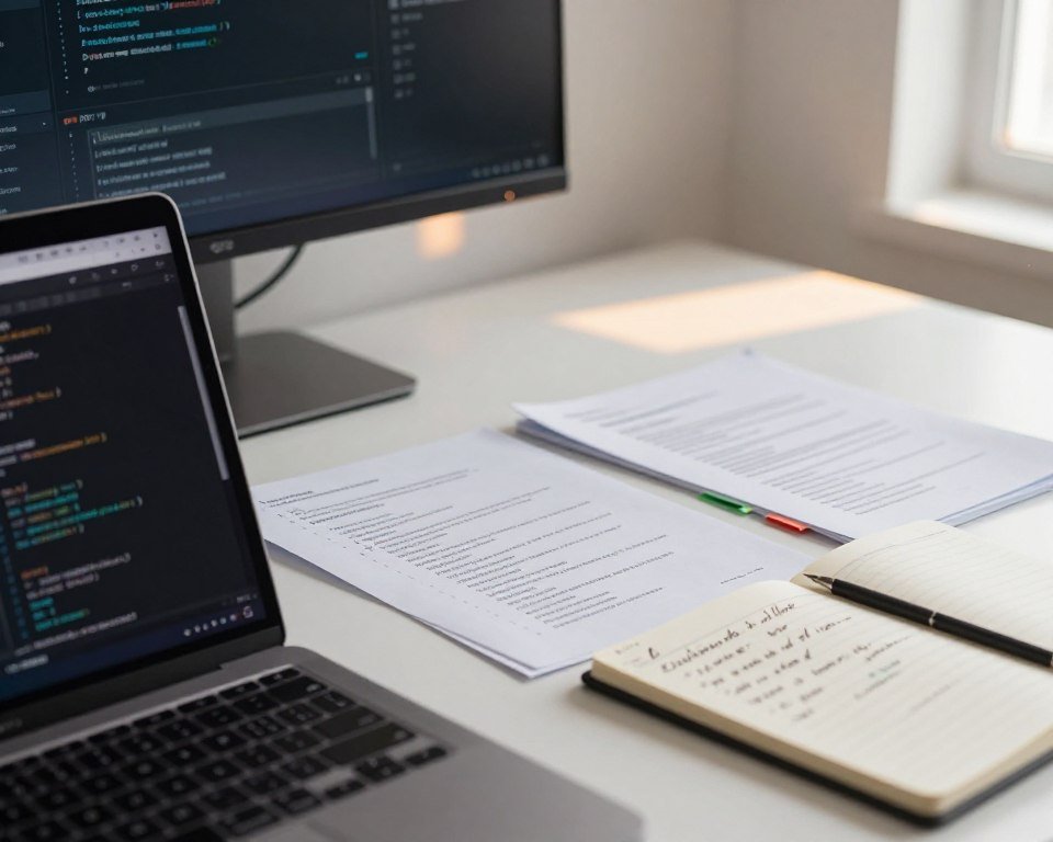 A close-up view of a modern desk setup displaying various script configuration files related to IPTV technology. In the foreground, a sleek laptop with an open terminal displaying lines of code can be seen alongside a notepad with handwritten notes. The middle ground features scattered printed configuration files, including network settings and user guides, with color-coded tabs. In the background, a soft-focus wall-mounted monitor showcases a digital IPTV interface, illuminated with a warm glow to create a tech-savvy ambiance. The scene is well-lit with natural ambient light coming through a nearby window, casting gentle shadows and enhancing the intricate details of the setup.