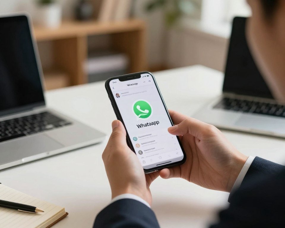 A close-up view of a smartphone displaying the WhatsApp logo on its screen, symbolizing customer support interaction. In the foreground, a pair of hands in professional business attire are holding the phone, with visible text/messages being viewed on the screen, emphasizing the idea of contacting support. The middle layer features a sleek, modern desk with office items like a laptop and notepad, indicating a workspace atmosphere. In the background, a blurred image of a cozy, well-lit office setting with warm tones creates a supportive and approachable mood. Soft, diffused lighting highlights the phone, conveying a sense of clarity and focus on communication.