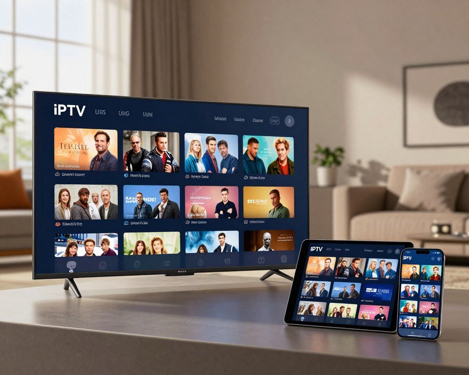 A comparison scene showcasing various IPTV apps across multiple devices in a modern, tech-savvy environment. In the foreground, a sleek, widescreen smart TV displays a vibrant IPTV interface filled with thumbnails of shows. Next to it, a tablet and a smartphone show the same interface, reflecting the versatility of the apps. The middle ground features a cozy living room setting with stylish furniture. The background includes a large window with soft natural light filtering in, creating a welcoming atmosphere. The composition should evoke a sense of innovation and convenience, appealing to tech-oriented viewers. Use a wide-angle lens to capture the entire room while keeping all devices sharply in focus, emphasizing clarity and detail.