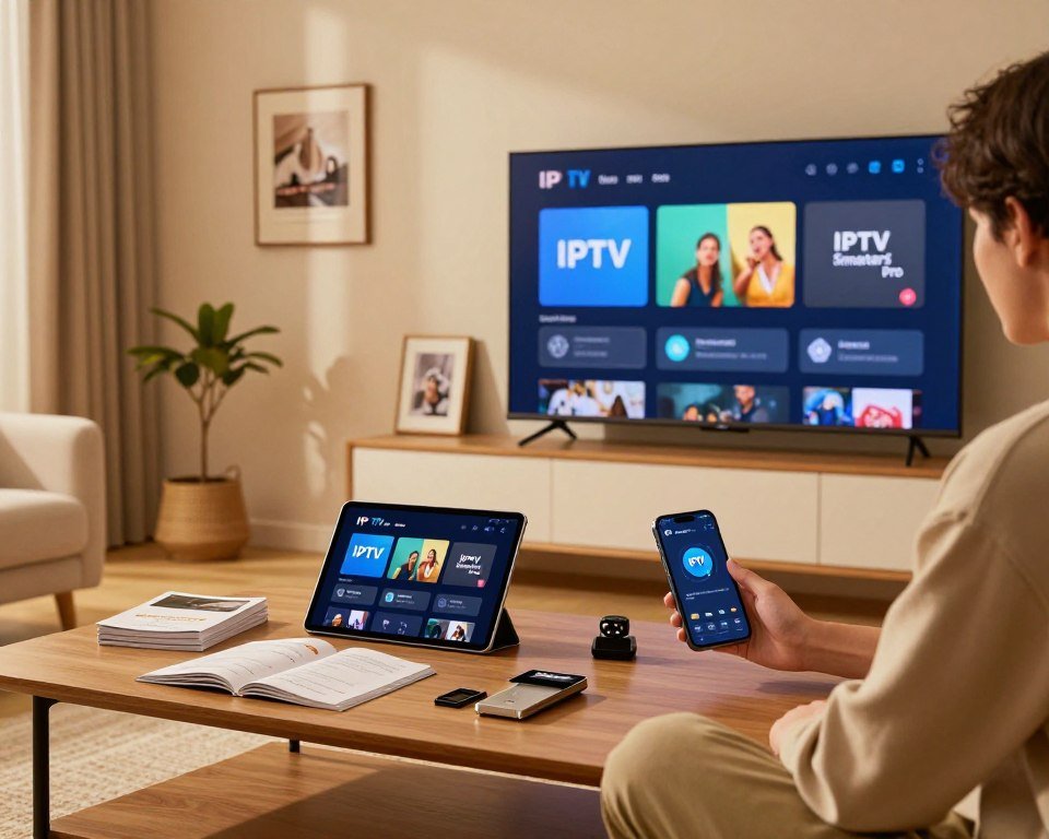 A cozy and modern living room setting showcasing the installation process of the IPTV Smarters Pro application on various devices like a smart TV, tablet, and smartphone. In the foreground, a well-organized coffee table with user manuals and setup tools. The middle ground features a stylish TV mounted on a wall, displaying the IPTV Smarters Pro interface, with an individual dressed in smart casual attire engaged in the setup process. Soft, warm lighting gently illuminates the room, creating an inviting atmosphere. In the background, framed photos and decorative plants add a personal touch. The angle captures a dynamic perspective of both the technology and the user's interaction, emphasizing the ease and comfort of enhancing TV experiences through IPTV installations.