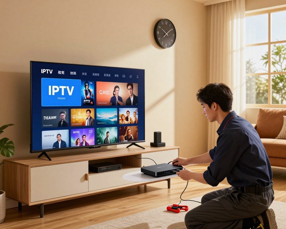 A cozy and modern living room setup, featuring a sleek IPTV setup on a contemporary entertainment unit. In the foreground, display a smart TV with vibrant IPTV interface featuring a selection of channels. On the middle layer, showcase a professional technician in smart attire, adjusting a sleek black set-top box and connecting cables, surrounded by essential installation tools. The background features a well-lit room with warm lighting, inviting ambient tones, and a digital wall clock displaying the current time. Include a large window letting in natural sunlight, casting soft shadows across the room, emphasizing a tech-savvy and comfortable environment. The overall mood should be informative yet inviting, highlighting the technical requirements for IPTV installation.