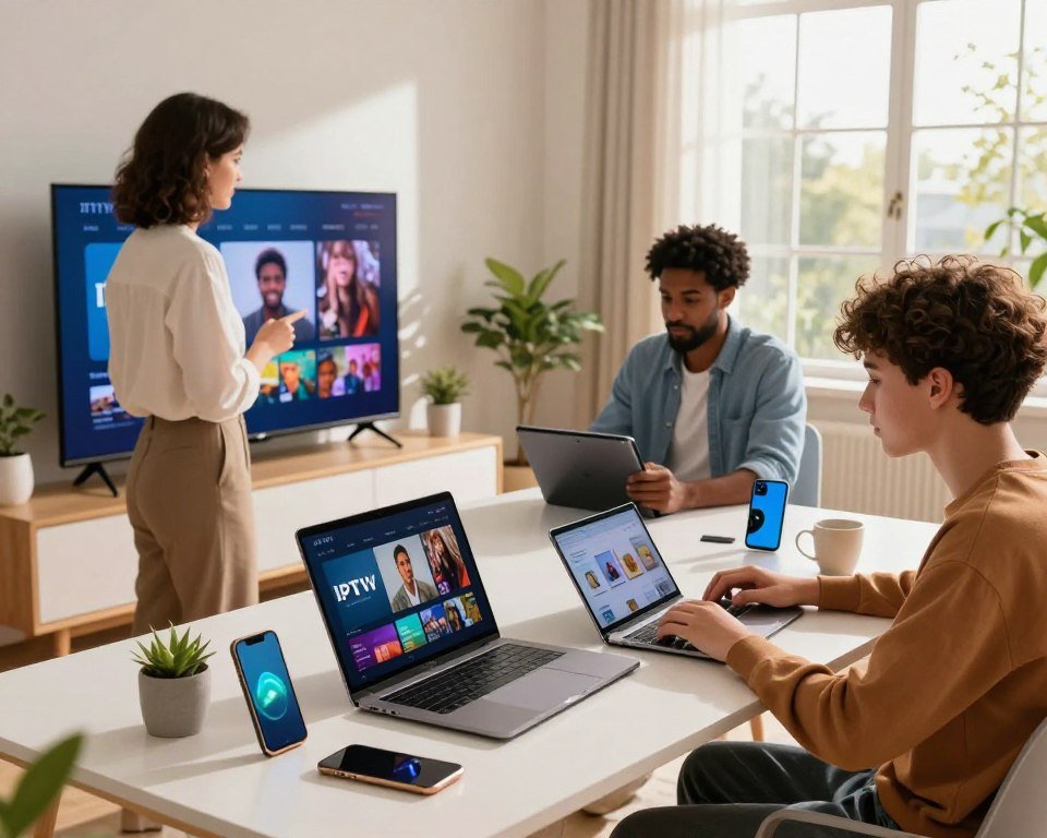 A cozy home office setting featuring a diverse group of individuals, including a professional woman in business attire interacting with a smart TV, a man in smart casual clothing on a tablet, and a teenager using a laptop. The foreground showcases a sleek modern desk with a laptop displaying IPTV content. In the middle, various devices like smartphones and tablets are scattered, emphasizing versatility in streaming. The background includes a well-lit room with a large window allowing natural sunlight to flood in, creating an inviting atmosphere. The colors are warm and vibrant, enhancing the feeling of flexibility and connection across different devices. The scene captures a sense of collaboration and modern technology in daily life.