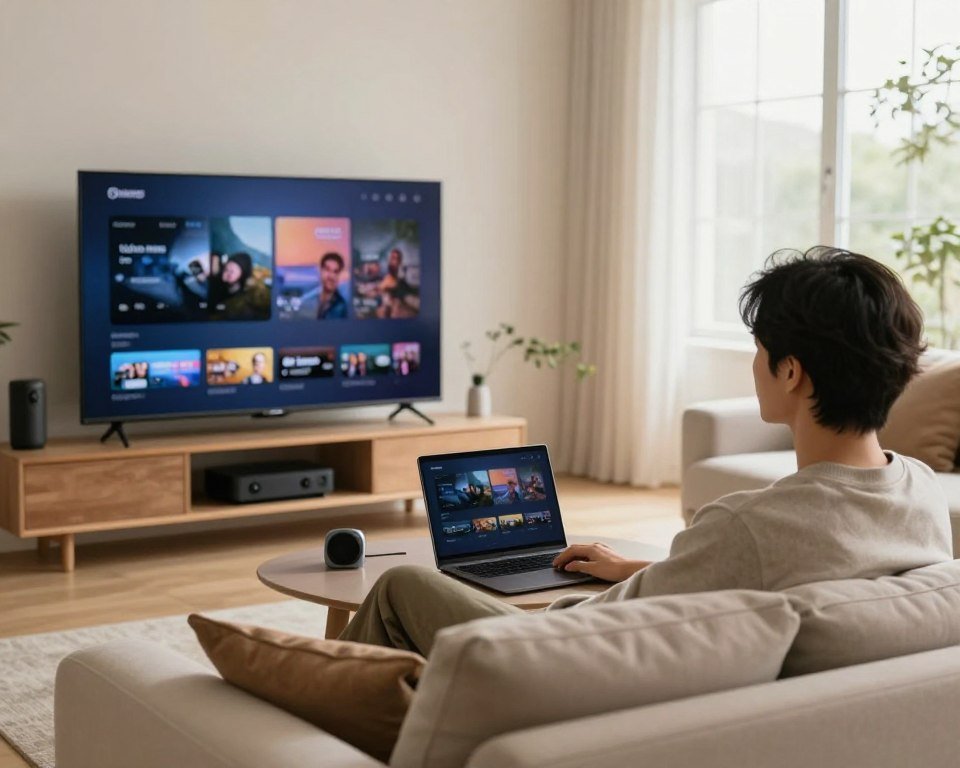 A cozy living room featuring a modern individual casually watching IPTV on a sleek flat-screen television. In the foreground, the person, dressed in comfortable, modest casual wear, is reclining on a stylish sofa, surrounded by soft cushions and a laptop on a coffee table, showcasing the ease of multi-device viewing. The middle ground includes a decorative shelf with various tech gadgets and streaming devices, highlighting technological flexibility. The background is a well-lit room with large windows allowing natural light to fill the space, creating a warm and inviting atmosphere. Use soft, diffused lighting to enhance the relaxed mood, with a shallow depth of field focusing on the viewer’s engagement with the IPTV experience.