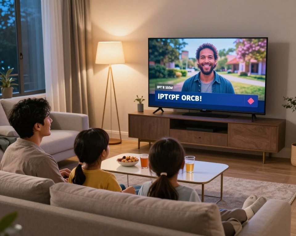 A cozy living room scene depicting a family safely enjoying IPTV on a large flat-screen television. In the foreground, a diverse family of four—parents and two children—are sitting on a comfortable sofa, smiling and engaging with their favorite show. The middle ground features a stylish coffee table with snacks and drinks, emphasizing a relaxed atmosphere. In the background, soft lighting from a floor lamp creates a warm, inviting glow, while curtains gently frame a window with a serene night view outside. The scene conveys a sense of security and enjoyment while watching online content, highlighting the benefits of safe internet use for entertainment. The mood is upbeat and family-friendly, showcasing quality time together.