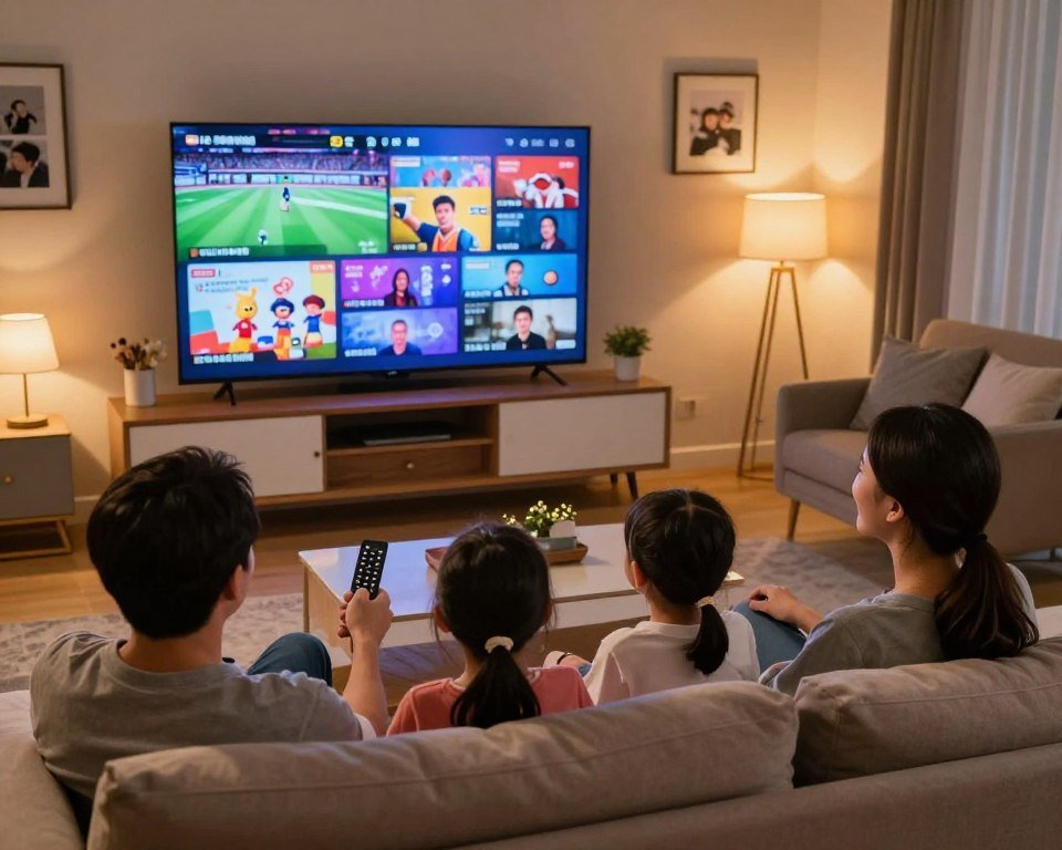 A cozy living room scene featuring a large multischerm television displaying various channels, ideal for family viewing. In the foreground, a family of four—parents and two children—relaxing together on a comfortable couch, engaged in watching different shows simultaneously. The father is holding a remote, while the mother smiles, and the children are focused on their individual screens. The middle ground showcases the sleek television unit with multiple screens clearly visible, displaying sports, cartoons, and movies. In the background, warm ambient lighting creates a welcoming atmosphere, with soft shadows enhancing the sense of comfort. The room is stylishly decorated, featuring modern furniture and family photos, evoking a friendly and inclusive environment, perfect for family entertainment.