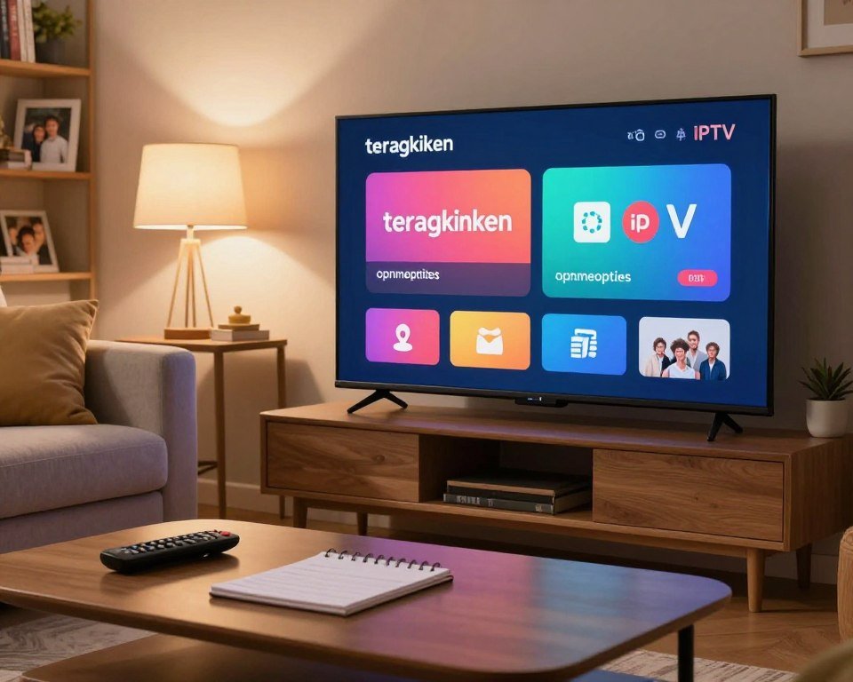 A cozy living room scene featuring a modern television displaying an IPTV interface, showcasing the "terugkijken" (rewind) and "opnameopties" (recording options) with vibrant icons. In the foreground, a stylish coffee table with a remote control and a notepad for jotting down favorite shows. In the middle ground, a comfortable sofa with plush cushions, inviting viewers to relax and watch. Soft, warm lighting flows from a nearby lamp, creating a welcoming atmosphere. In the background, a subtle glimpse of family photos and a decorative shelf with books, emphasizing a personal touch. The mood is relaxed and engaging, encouraging a sense of home entertainment.