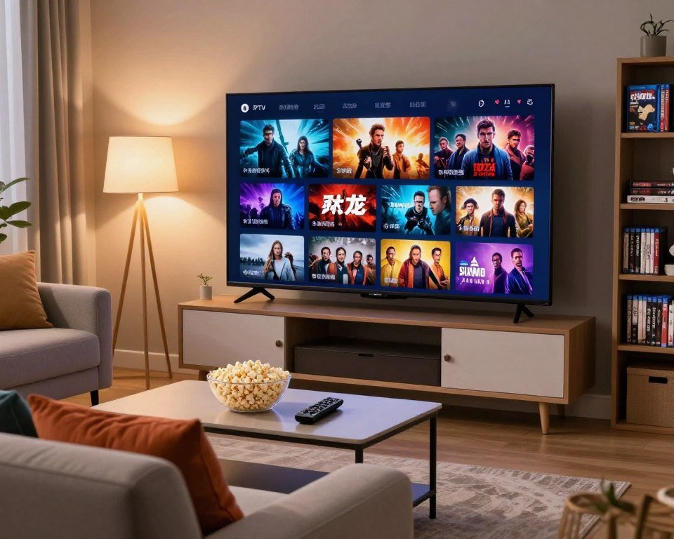 A cozy living room scene featuring a sleek modern television displaying a vibrant assortment of film and series thumbnails, showcasing various genres like action, drama, and comedy. In the foreground, a comfortable sofa with colorful pillows invites viewers to sit back and enjoy. A stylish coffee table holds a bowl of popcorn and a remote control. In the background, soft lighting creates a warm atmosphere, with ambient lamps casting gentle glows. A bookshelf filled with DVDs and Blu-rays adds to the collection theme. The angle captures the inviting space, emphasizing relaxation and entertainment, perfect for enjoying on-demand IPTV services.