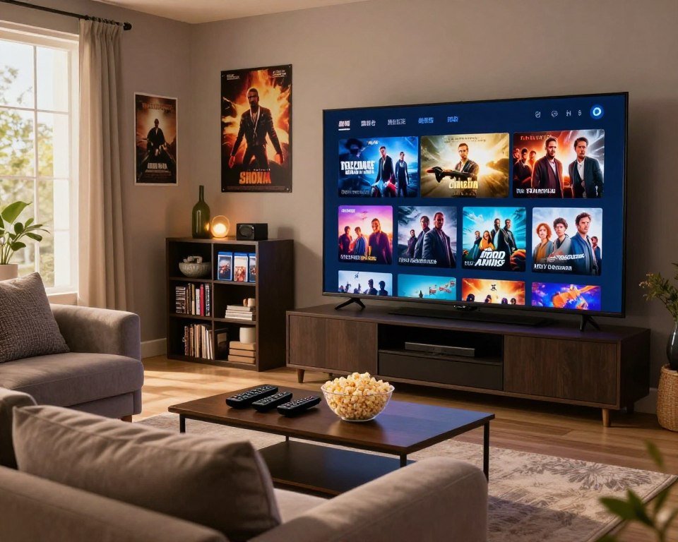A cozy living room scene featuring a stylish entertainment system displaying a wide selection of film and series thumbnails on a large, illuminated screen. In the foreground, a plush sofa with soft cushions invites viewers to relax. On the coffee table, various remote controls and popcorn bowls add to the inviting atmosphere. In the middle ground, a sleek bookshelf showcases DVDs and Blu-rays alongside decorative items, emphasizing the variety of content available. Soft, warm lighting bathes the room, creating a comfortable ambiance. The background shows a tastefully decorated wall featuring movie posters and a large window letting in natural light, symbolizing the accessibility of international channels and content offerings. The overall mood is inviting and dynamic, ideal for family entertainment and leisure.