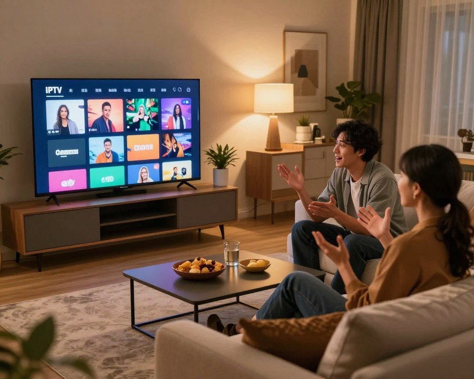 A cozy living room scene showcasing a modern television setup. In the foreground, a sleek flat-screen TV displays an engaging IPTV interface with vibrant colors and icons representing different channels. A well-dressed couple, engaged in a lively discussion, sits on a comfortable couch, sharing their user experiences. They exhibit expressions of satisfaction and excitement. Surrounding them, the middle layer includes stylish furniture, a coffee table with snacks, and decorative plants that add warmth. In the background, soft ambient lighting creates an inviting atmosphere. The camera is positioned at a slightly elevated angle, capturing a wide view of the room, emphasizing the engaging interaction and the contemporary technology in use.