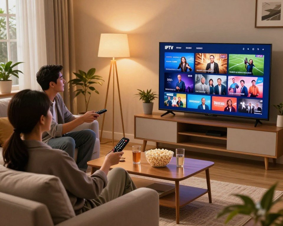 A cozy living room scene showcasing the advantages of a premium IPTV television subscription. In the foreground, a sleek flat-screen TV displays a vibrant array of channels with visual elements like sports, movies, and news clips. Two adults are comfortably seated on a stylish sofa, dressed in smart casual attire, excitedly using a remote control. In the middle ground, a coffee table is adorned with popcorn and drinks, emphasizing a friendly atmosphere. The background features soft, warm lighting from a modern lamp, enhancing the inviting mood. The room is tastefully decorated with plants and artwork, creating a relaxed and enjoyable environment for watching television. The angle should capture both the characters’ engagement and the visual richness of the TV.