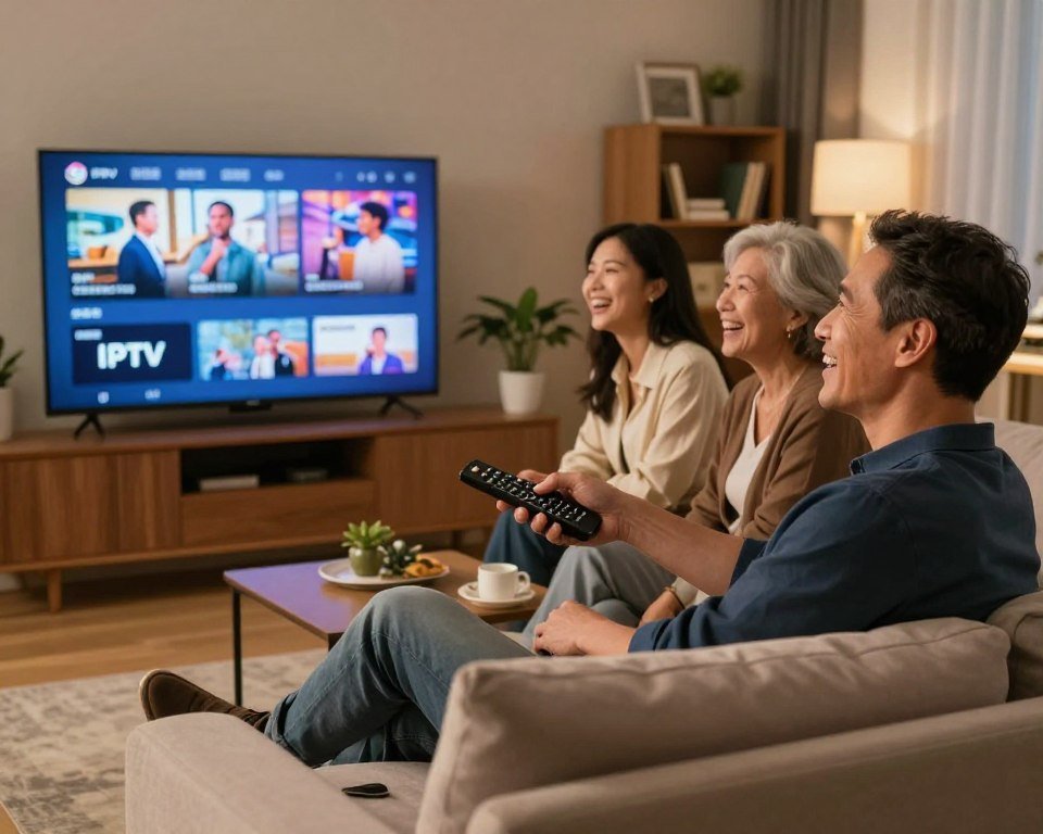 A cozy living room scene with a diverse group of three satisfied customers watching TV together. In the foreground, a middle-aged man in smart casual attire smiles as he sits on a comfortable sofa, holding a remote control. Beside him, a young woman in a stylish business-casual outfit laughs, while an older woman in modest clothing happily reacts to the show. In the middle ground, a large, modern flat-screen television displays vibrant colors, showcasing an engaging program. The background features warm, inviting lighting with soft, neutral wall colors and simple decor like a bookshelf and potted plants. The atmosphere is relaxed and joyful, capturing the essence of shared experiences and satisfaction with their IPTV service.