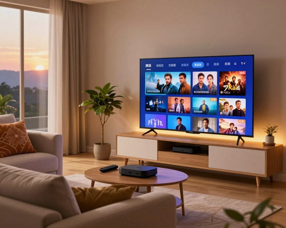 A cozy living room setting designed for optimal streaming experience. In the foreground, a sleek modern television displays a vibrant streaming interface, with bright colors and engaging thumbnails of movies and shows. A comfortable sofa with decorative cushions invites viewers to relax. Surrounding the TV, a stylish entertainment center showcases streaming devices and remotes. The middle layer features a soft glow from ambient lighting, creating a warm atmosphere, while a small indoor plant adds a touch of freshness. In the background, a window reveals a serene view of a sunset, enhancing the comforting mood. The entire scene is captured with a soft focus, reminiscent of a stylish lifestyle magazine, emphasizing a welcoming and high-quality home entertainment environment.