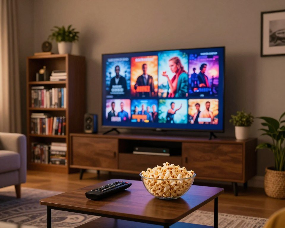 A cozy living room setting that showcases a diverse array of films and series options. In the foreground, a stylish coffee table holding a remote control and a bowl of popcorn, creating an inviting atmosphere. The middle layer features a large TV screen displaying popular movie and series thumbnails, vibrant and colorful, giving a sense of excitement and variety. The background includes a well-organized media shelf filled with DVDs and a few decorative plants, adding warmth. The lighting is soft and ambient, casting a gentle glow across the space, evoking a comfortable, relaxed mood. The angle captures a perspective that invites viewers into the scene, making them feel part of the film-watching experience.