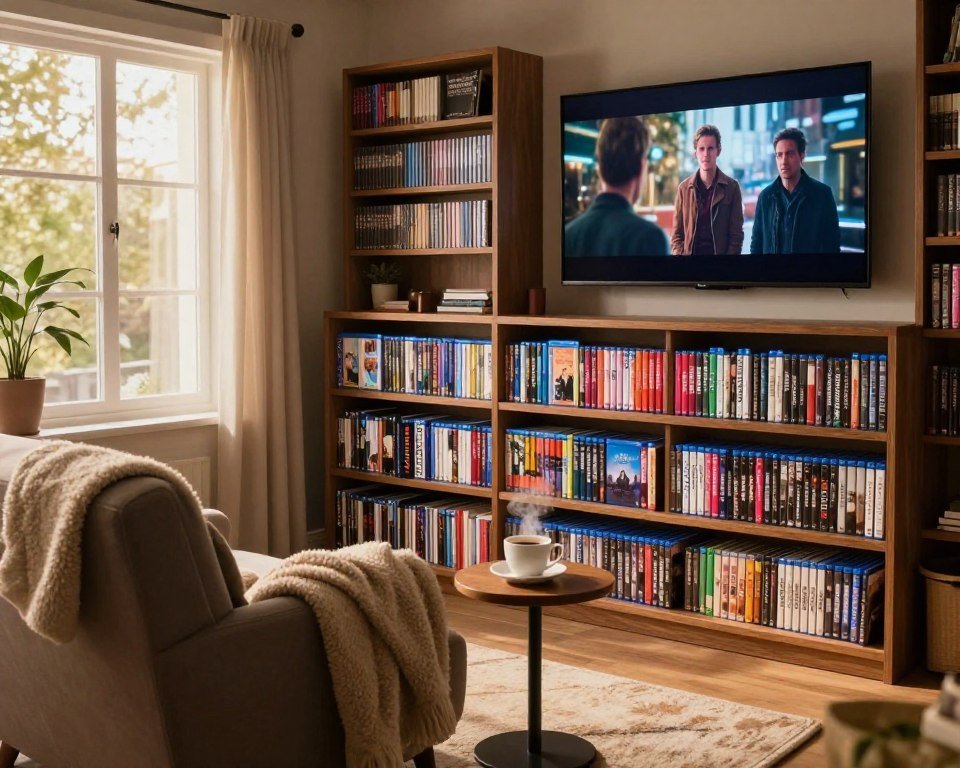 A cozy, modern film and series library filled with shelves overflowing with DVD and Blu-ray collections. In the foreground, an inviting reading nook features a plush armchair with a soft throw blanket and a small side table holding a steaming cup of coffee. The middle ground showcases an elegant wooden bookshelf, organized by genres, displaying a vibrant array of colorful covers. The background reveals a large screen mounted on the wall playing a captivating scene from a popular movie. Soft, warm lighting bathes the room, creating an intimate atmosphere, while sunlight filters through a large window adorned with light curtains. The scene embodies a sense of comfort and escapism, perfect for enjoying quality entertainment in a peaceful environment.