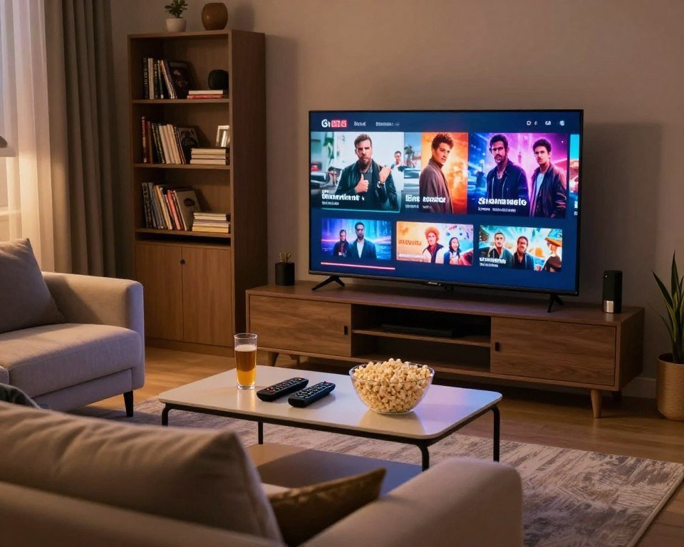 A cozy, modern living room setting bathed in soft, warm lighting, featuring a sleek flat-screen TV displaying vibrant images of popular films and series. In the foreground, a comfortable couch adorned with plush cushions invites viewers to relax. On a stylish coffee table, there are remote controls, popcorn, and drinks, embodying a binge-watching atmosphere. In the background, shelves are lined with DVDs and books, enhancing the cinematic feel of the scene. The ambiance is welcoming and inviting, suggesting a perfect evening of entertainment. The angle captures both the living space and the excitement of video-on-demand viewing, emphasizing a strong connection between comfort and modern technology.
