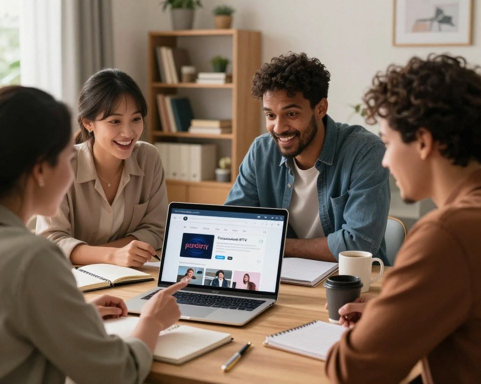 A cozy, naturally lit home office setting where a diverse group of three individuals—one woman in professional attire and two men in smart casual clothing—are engaged in a discussion around a laptop displaying a streaming service interface. In the foreground, their expressions reveal satisfaction and excitement, with one participant pointing at the screen. The middle ground features the laptop and office essentials like notebooks, pens, and a coffee mug, while the background displays a neatly organized bookshelf with some plant decor. Soft, warm lighting bathes the room, creating an inviting and productive atmosphere, reflecting positive customer experiences and reviews about Pandora IPTV. The composition invites the viewer into this engaging scene, emphasizing collaboration and satisfied usage.