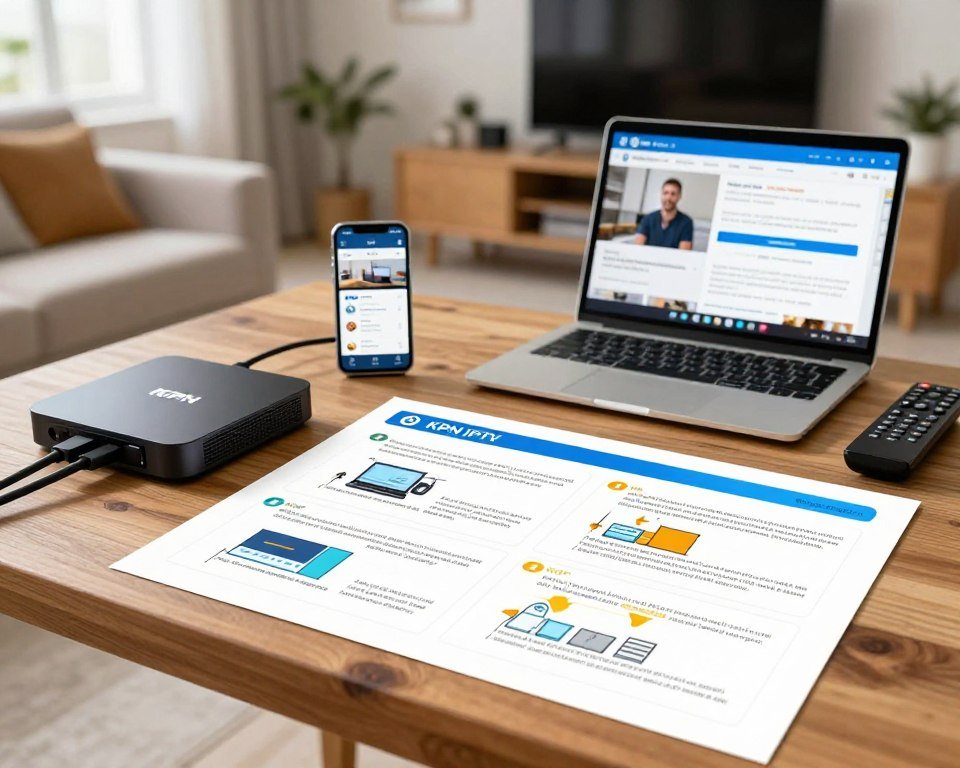 A detailed KPN IPTV installation manual laid out on a wooden table, featuring colorful diagrams and step-by-step installation instructions. In the foreground, a sleek IPTV box with cables neatly organized, a remote control sitting nearby, and a smartphone displaying a KPN app. The middle ground shows a laptop open with a video tutorial playing, the screen bright with instructional content. The background is softly blurred, hinting at a cozy living room setup with a television mounted on the wall and a comfortable couch. Warm, natural lighting filters through a window, creating an inviting atmosphere. The overall mood conveys professionalism and clarity, suitable for individuals new to IPTV setup.