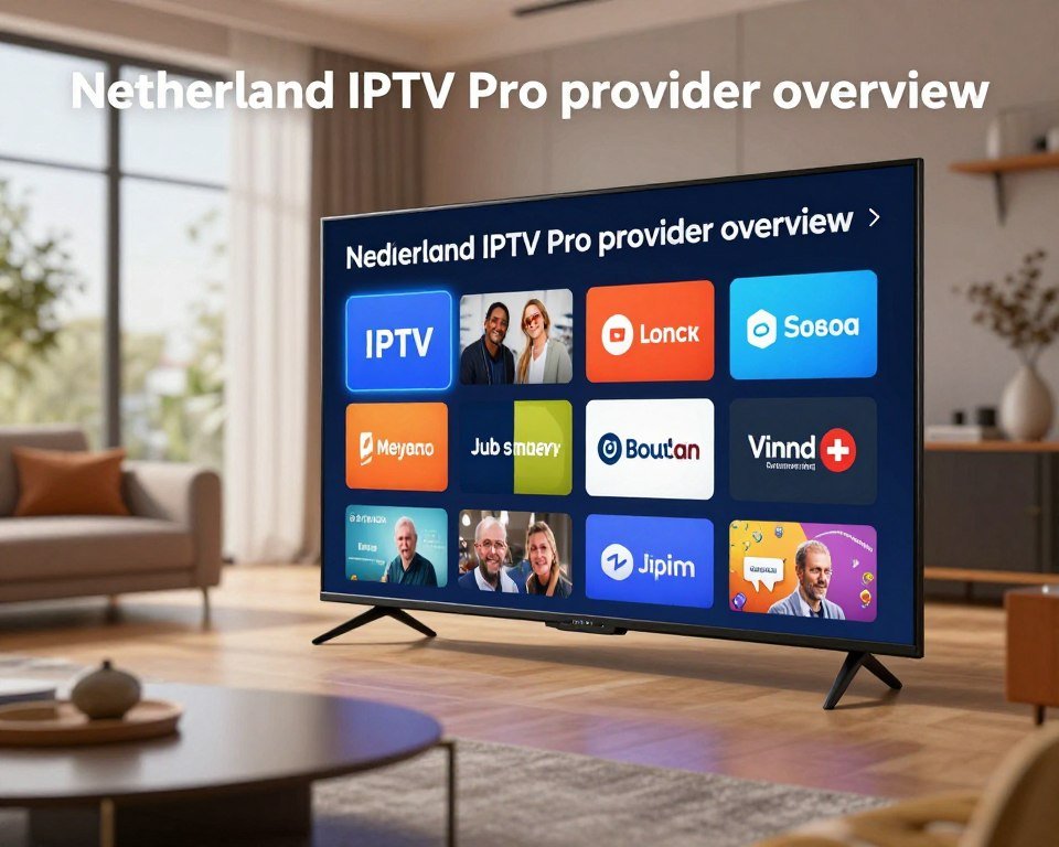 A detailed and professional illustration of "Nederland IPTV Pro provider overview." In the foreground, depict a sleek, modern digital device like a television or tablet displaying an IPTV interface filled with colorful channel icons and provider logos. The middle ground features a stylish, contemporary living room setting with a comfortable couch and a small coffee table. In the background, large windows allow soft, natural light to filter in, enhancing the inviting atmosphere. Use a wide-angle lens perspective to capture the entire scene, emphasizing both the technology and the cozy environment. The mood should be informative and engaging, showcasing the convenience and modernity of IPTV services in the Netherlands. The color palette should be vibrant and appealing, fostering a sense of innovation and comfort.