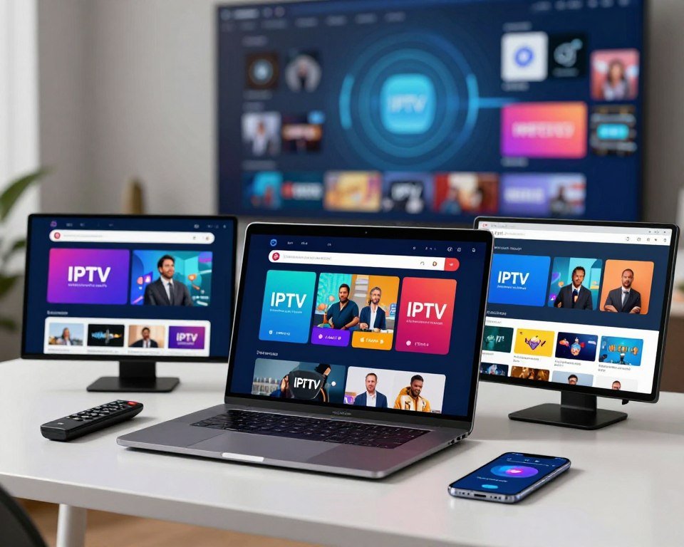 A detailed comparison of various IPTV applications in a modern digital workspace. In the foreground, show three distinct screens displaying different IPTV application interfaces, each with vibrant colors and user-friendly designs, illustrating their unique features. In the middle, depict a clean, sleek desk with a laptop, remote control, and a smartphone, suggesting an organized setup for viewing. The background features an abstract representation of digital streams and icons symbolizing various TV channels. Soft, diffused lighting creates a professional yet inviting atmosphere, emphasizing the technology. Use a shallow depth of field to focus on the screens, creating a sense of depth and engagement. The mood is contemporary and informative, reflecting the comparison theme effectively.