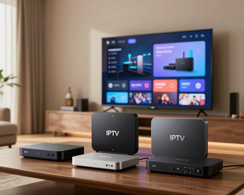 A detailed comparison of various IPTV boxes illustrated in a sleek, modern setting. In the foreground, neatly arranged IPTV boxes displaying their distinctive designs and features. The middle ground showcases a large, interactive digital screen showing a side-by-side comparison of their functionalities, with icons and graphs representing highlights such as streaming quality, compatibility, and user interface. The background includes a stylish living room environment with a flat-screen TV mounted on the wall, soft ambient lighting creating a warm and inviting atmosphere. Utilize natural light from a nearby window to enhance the scene, with a slight focus on the IPTV boxes, slightly blurred details in the background, evoking a sense of technology and innovation.