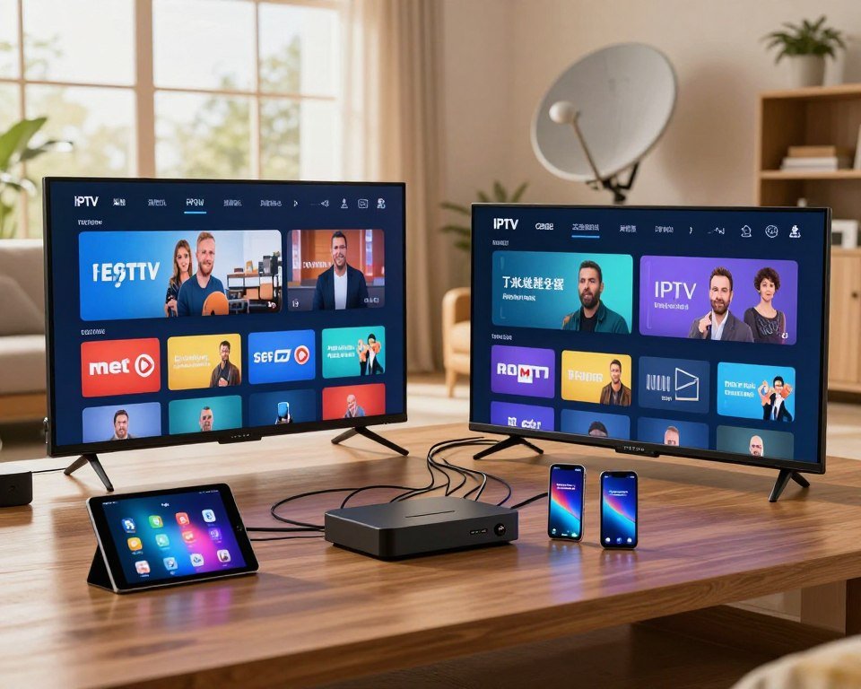 A detailed comparison scene showcasing IPTV network architecture versus traditional cable and satellite television. In the foreground, a sleek modern IPTV setup with a high-definition television displaying a vibrant streaming interface, surrounded by smart devices like tablets and smartphones. The middle ground features a traditional cable box with tangled wires and a satellite dish, contrasting the organized IPTV ecosystem. In the background, a tech-savvy living room bathed in warm, natural light coming from large windows, enhancing the inviting atmosphere. The image captures a contemporary, cozy ambiance, emphasizing the ease and convenience of IPTV compared to traditional methods, with a focus on clarity and modernity. The perspective is slightly elevated, presenting a comprehensive view of both setups side by side without any text or branding.