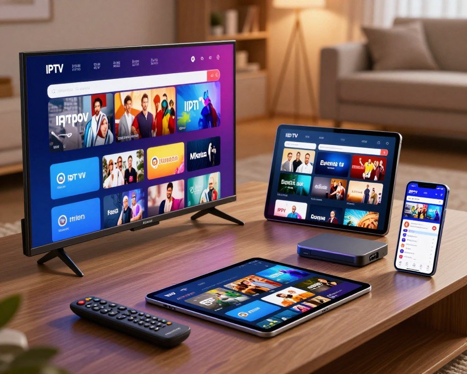 A detailed composition showcasing various IPTV devices that reflect compatibility. In the foreground, display a modern smart TV with a vibrant screen showing a colorful IPTV interface. Next to it, include a stylish tablet and a sleek smartphone, both displaying different IPTV streaming apps. In the middle ground, feature a remote control and a small set-top box. The background should be softly blurred, hinting at a cozy living room environment with warm lighting that creates a welcoming atmosphere. Use a slight overhead angle to capture all devices effectively. Ensure the image conveys a sense of technological integration and ease of use for streaming on multiple devices.