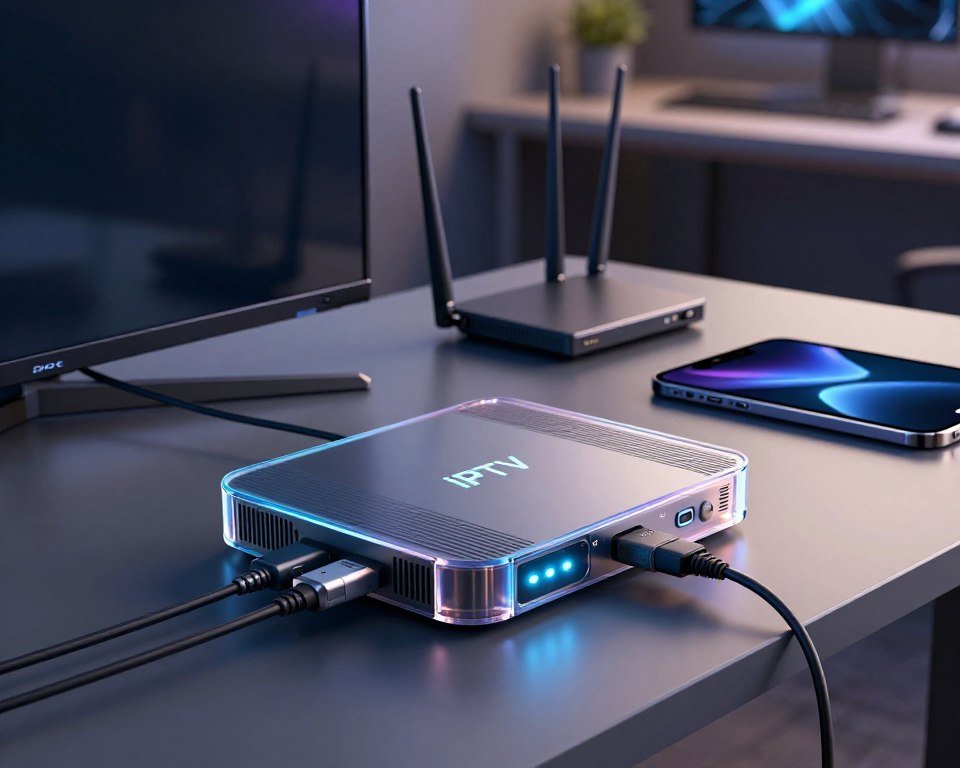 A detailed depiction of IPTV hardware in a modern tech setting. In the foreground, showcase a sleek, transparent IPTV set-top box with glowing LED indicators, connected to various cables leading to a high-definition television. The middle ground features a router with multiple antennas, surrounded by devices like a smartphone and tablet, highlighting their connectivity. In the background, create a subtle ambiance of a smart home office with ambient lighting that gives a high-tech feel. Use a slightly angled perspective to emphasize the devices' features, with soft, diffused lighting that enhances the sleek surfaces and intricate details of the hardware. The atmosphere should convey a sense of advanced technology and innovation, inviting viewers to explore the realm of IPTV.