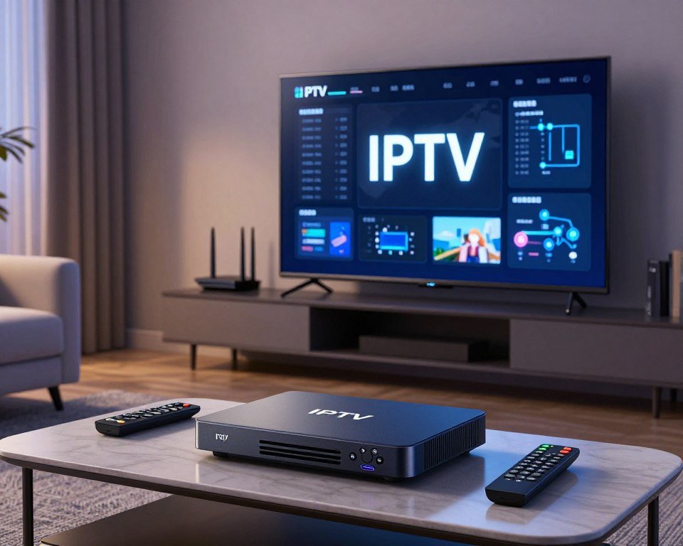 A detailed illustration depicting the technical specifications for IPTV, showcasing a modern living room environment that blends technology and comfort. In the foreground, a sleek IPTV set-top box is prominently displayed on a stylish coffee table, surrounded by a high-definition television and advanced remote controls. The middle ground features a wall-mounted screen showcasing technical data and network setups like routers and satellite dishes. The background captures a cozy ambiance with soft evening lighting, emphasizing a relaxed atmosphere, while a digital interface subtly visualizes data transfer and streaming connections. The overall mood conveys innovation and sophistication, with a focus on clarity and organization in the visual composition.