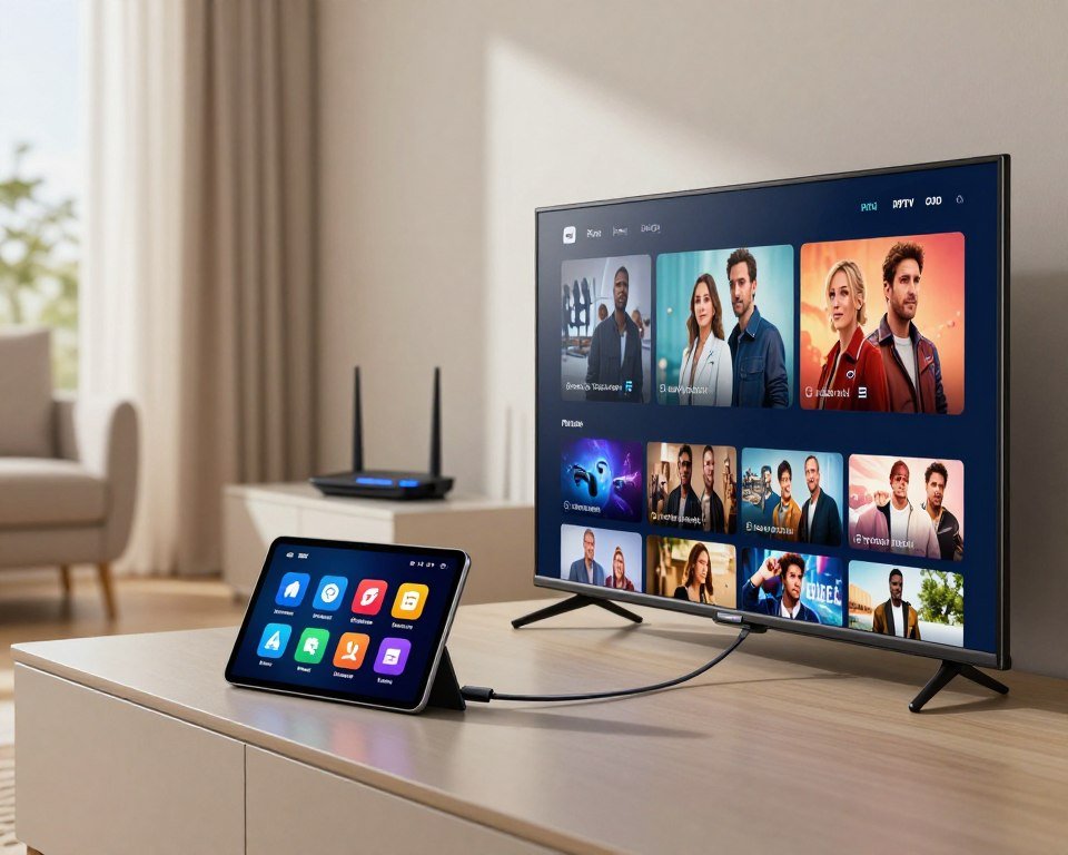 A detailed illustration of how IPTV works, set in a modern, well-lit living room. In the foreground, a sleek flat-screen TV displays vibrant streaming content, showcasing a mix of entertainment options. The middle section includes a smart device (like a tablet or smartphone) with visible streaming app icons, connected to the TV via a stylish HDMI cable. In the background, a network router emits soft blue lights, symbolizing internet connectivity. The room has a cozy atmosphere with soft natural light filtering through a window, casting gentle shadows. The scene evokes a sense of modern technology seamlessly integrated into daily life. Focus on clear lines, realistic textures, and a balanced composition that highlights the technology behind IPTV without any distractions.