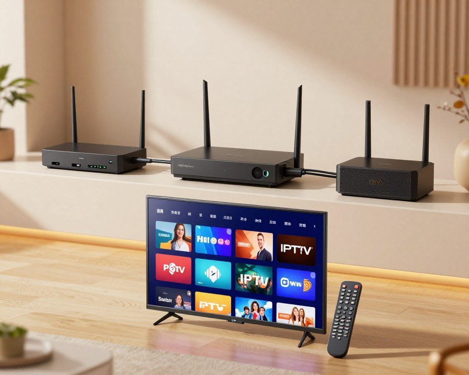 A detailed illustration representing IPTV technology and its technical requirements. In the foreground, display a high-tech television screen showcasing a variety of streaming options with vibrant colors, and a sleek remote control. In the middle layer, depict various electronic devices like routers and set-top boxes connected with visible cables, all against a clean, modern living room setting. The background should feature a stylish wall with decorative elements, softly lit by warm, ambient lighting to create a cozy atmosphere. Use a wide-angle lens perspective to capture the entire scene clearly. Aim for a professional and informative mood, emphasizing the seamless integration of IPTV services in daily life.