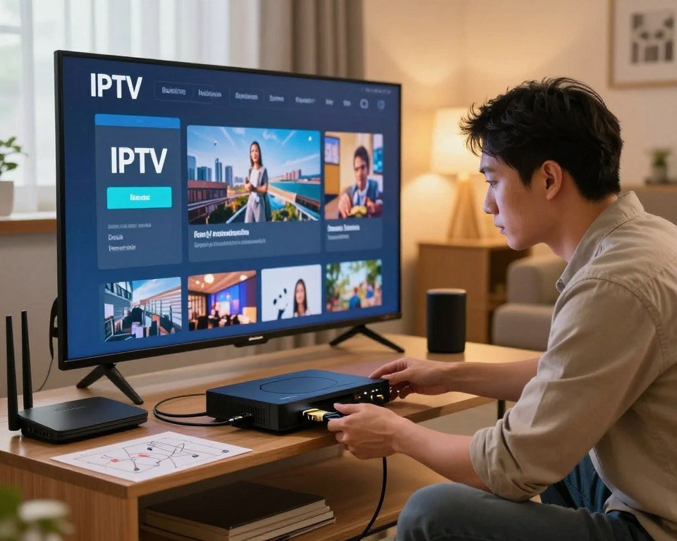 A detailed step-by-step illustration of IPTV installation procedures, showcasing a cozy living room environment. In the foreground, a professional technician in a smart casual outfit demonstrates connecting a digital receiver to a television via HDMI cables. The middle ground features a large, modern TV screen displaying a user-friendly interface for IPTV setup, along with a Wi-Fi router and a few instructional diagrams on a side table. In the background, warm ambient lighting creates an inviting mood, with soft light streaming through a window, highlighting the clutter-free space. The perspective is slightly angled to emphasize the action of the installation, capturing both the technician's focused expression and the technology setup, making it visually engaging and instructional.
