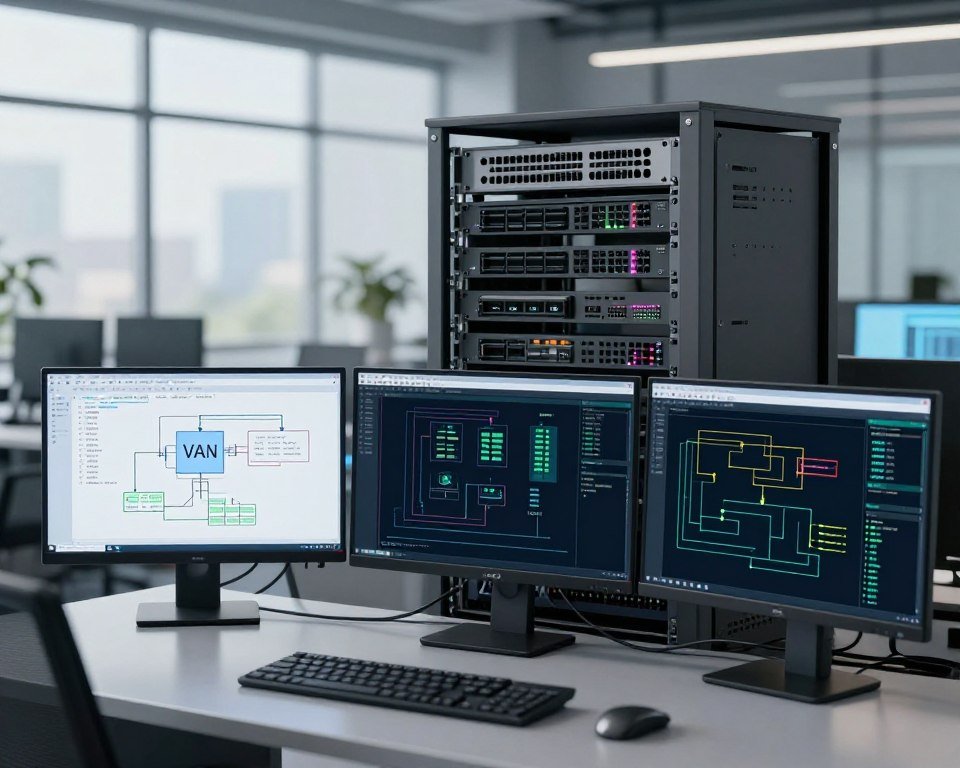 A detailed technical illustration depicting a network configuration setup for VLAN settings. In the foreground, a sleek, modern workstation with multiple monitors displaying complex network diagrams, VLAN configurations, and data flow charts. In the middle ground, an organized network rack filled with advanced telecommunications equipment, including routers and switches, with colorful LED lights indicating activity. The background features a high-tech office environment with large windows allowing natural light to pour in, creating a bright, focused atmosphere. The image should have a professional and informative feel, emphasizing clarity and precision in the technical details, captured with a slight depth of field to add a sense of depth to the workspace. The lighting should be bright and even, showcasing the intricate details of the equipment and screens.
