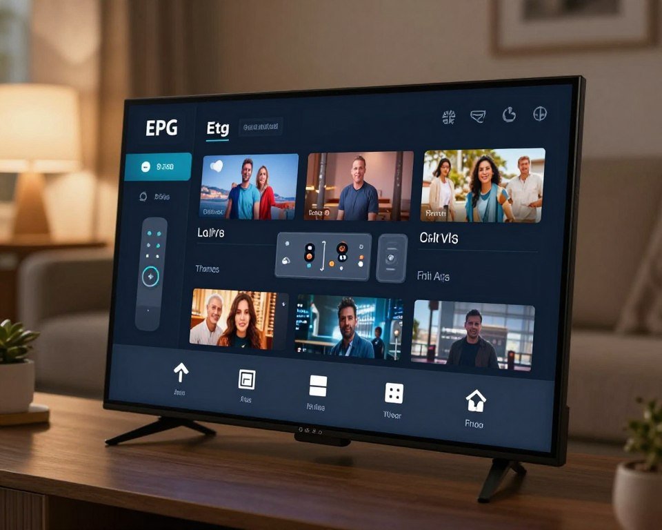 A digital interface for EPG (Electronic Program Guide) settings and personalization. The foreground features a sleek, modern digital screen displaying an overview of TV channels with customizable options and a user-friendly navigation menu. The middle layer includes a stylized remote control, hinting at ease of use, alongside icons for various settings like themes, favorites, and parental controls. The background is softly blurred to evoke a comfortable living room environment with ambient lighting, accentuating a cozy atmosphere. The scene is illuminated with warm light, creating an inviting mood. Capture it from a slight angle to provide depth, emphasizing the innovation and customization aspects that enhance user experience.