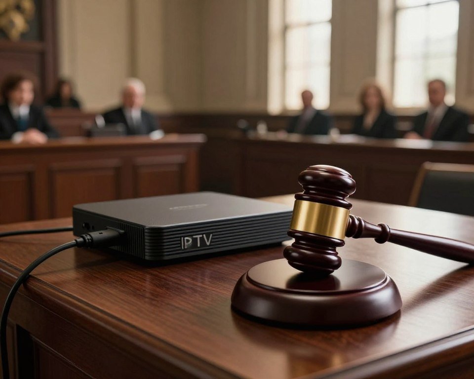 A dramatic courtroom scene focusing on a judge's gavel striking down on an IPTV device symbolizing illegal streaming services. In the foreground, the polished wooden gavel, engraved with legal symbols, is sharply in focus. In the middle ground, an IPTV box and cables are placed on a traditional court table, representing the subject matter. The background features blurred silhouettes of courtroom attendees and the grand architecture of the courtroom, with tall windows allowing soft, warm light to spill in, creating a serious yet contemplative mood. The angle is slightly tilted, emphasizing the gravity of the legal consequences. The overall atmosphere conveys tension and the weight of legal action surrounding illegal streaming.