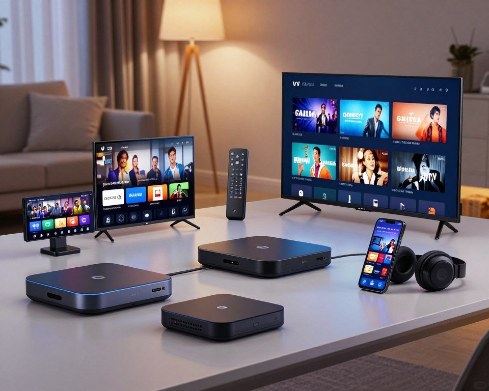 A dynamic arrangement of various IPTV stream players displayed on a sleek, modern table. In the foreground, several devices such as streaming boxes, smart TVs, and smartphones show vivid interface screens streaming live TV channels. The middle ground features a stylish remote control and headphones, highlighting user interaction. In the background, a contemporary living room setting with soft ambient lighting creates a cozy atmosphere. Use a wide-angle lens to capture the entire scene, emphasizing the variety of devices and their sleek designs. The overall mood is tech-savvy and inviting, showcasing the convenience of IPTV streaming in a comfortable home environment.