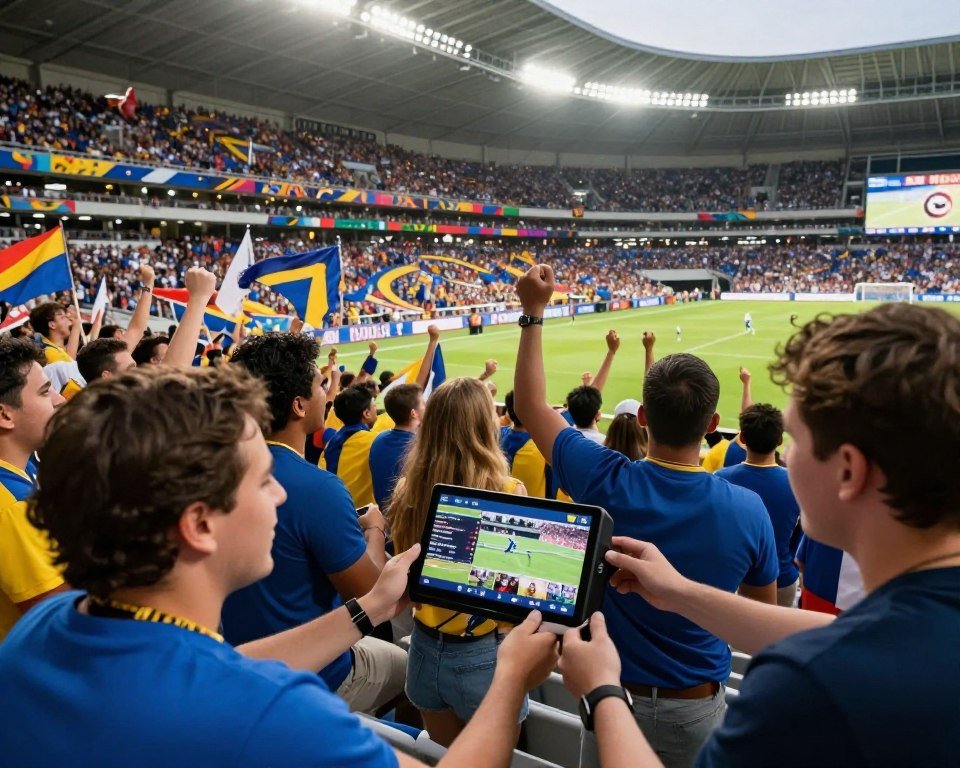 A dynamic scene of a lively sports event in a stadium filled with excited fans, showcasing a diverse group of spectators dressed in casual fan attire, passionately cheering for their teams. In the foreground, there's a close-up of a group of friends sharing a digital streaming device, highlighting an IPTV interface depicting various sports channels. The middle ground features a vibrant atmosphere with colorful banners and flags waving. The background captures the stadium's grand architecture under bright stadium lights, creating a thrilling ambiance. The mood is energetic and engaging, emphasizing community and real-time sports action. The scene is captured from a slightly elevated angle, with a wide lens to encompass the excitement of the crowd.