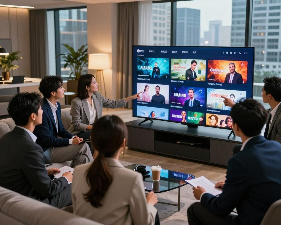 A dynamic, visually engaging scene depicting the concept of global access to streaming content. In the foreground, a diverse group of professionals in modern business attire is gathered around a sleek, large-screen television, displaying vibrant images of various streaming platforms and content. In the middle ground, the environment shows a contemporary living space with stylish furniture, illuminated by soft, warm lighting. The background features large windows with a view of a bustling cityscape, symbolizing connectivity and accessibility. A sense of excitement and collaboration permeates the atmosphere, as the professionals share ideas while pointing at the screen. The angle captures both the group and the screen prominently, infusing the scene with an inviting and energetic mood.
