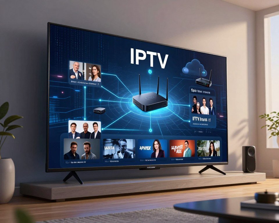 A futuristic illustration of an IPTV system at work, depicting a sleek modern living room setting in the foreground with a large flat-screen TV displaying streaming content. In the middle ground, show an intricate network diagram featuring various devices like a router, set-top box, and user devices connected in a seamless flow. In the background, incorporate subtle hints of digital technology, such as binary code and cloud connections, creating an atmosphere of advanced connectivity. Use soft, ambient lighting to enhance the inviting feel of the room, while a low angle highlights the tech components, making them the focal point. Aim for a clean, professional look that embodies innovation and modern entertainment.