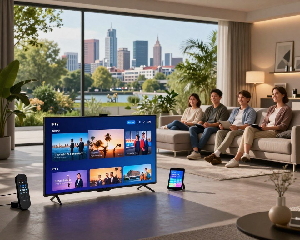 A futuristic living room setting showcasing IPTV technology in the Netherlands. In the foreground, a sleek, modern television displays vibrant streaming content, surrounded by high-tech devices like smart remotes and tablets. The middle layer features a stylish couch with a family enjoying their viewing experience, dressed in casual but professional clothing. Soft ambient lighting illuminates the room, casting gentle shadows that create a cozy yet cutting-edge atmosphere. The background showcases a large window with a view of the Amsterdam skyline, integrating lush greenery and modern architecture, symbolizing the future of media consumption in a smart city. The overall mood is optimistic and innovative, reflecting the bright prospects of IPTV in the Netherlands.