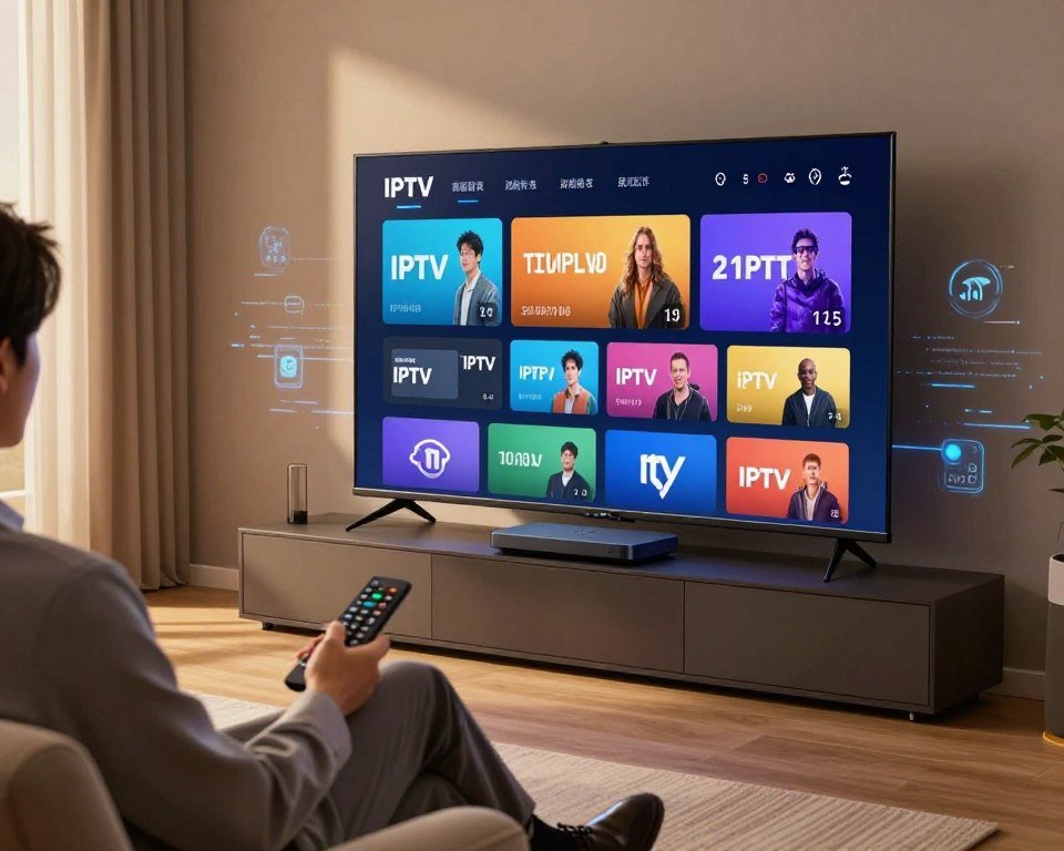 A futuristic living room setting, showcasing a large flat-screen television displaying a vibrant IPTV interface, with a high-tech streaming device on a sleek media console. In the foreground, a person in professional business attire is seated comfortably, holding a remote control, deeply engaged with the screen. The middle layer features subtle technological elements like digital data streams and icons representing various IPTV channels floating around. The background should depict a modern home environment with ambient lighting, emphasizing warmth and coziness. Soft, diffused light filters through a window, casting gentle shadows. The mood should convey a sense of innovation and accessibility, illustrating the concept of IPTV as a cutting-edge technology for home entertainment.