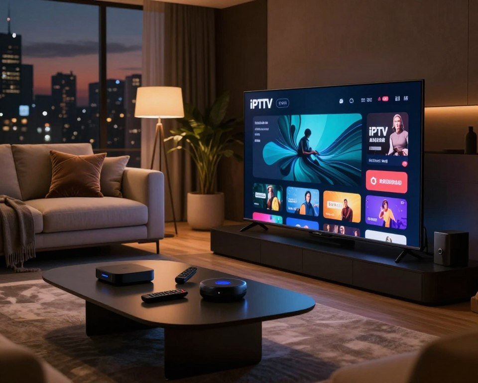 A futuristic living room setting, showcasing an advanced IPTV setup. In the foreground, a sleek, modern TV emits a soft glow, displaying a stylized representation of IPTV content with dark, moody colors and abstract designs symbolizing various channels. The middle layer features a stylish coffee table with remote controls and streaming devices, while high-tech gadgets create an immersive atmosphere. The background reveals a cozy sofa with decorative pillows, a large window letting in dim, ambient light with city skyline silhouettes at dusk. The overall mood is sophisticated and tech-savvy, evoking curiosity about IPTV Dark. A warm color palette enhances the inviting yet mysterious vibe.