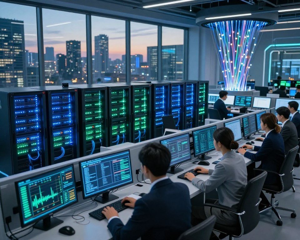 A futuristic network control center featuring reliable infrastructure and anti-buffer technology. In the foreground, a diverse group of professionals in business attire is engaged with digital displays and touch panels, analyzing data streams and signal strength. The middle ground showcases advanced server racks, glowing with blue and green LED lights, symbolizing high-speed connectivity. In the background, a panoramic window reveals a modern city skyline under a twilight sky, with fiber-optic cables elegantly lit up. The scene should have soft, focused lighting to create a high-tech, optimistic atmosphere, emphasizing innovation and efficiency. The angle should be slightly elevated, capturing both the action of the professionals and the impressive technology surrounding them.
