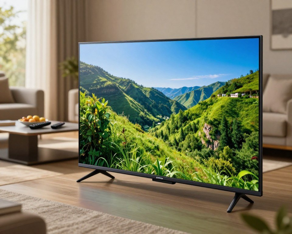 A high-definition television display showcasing vibrant and crystal-clear video quality, positioned prominently in a modern living room setting. In the foreground, a sleek black television set emits a soft glow, highlighting lifelike colors and sharp images of a scenic landscape with lush greenery and a clear blue sky. The middle background features a stylish coffee table with remote controls and snacks, while cozy armchairs frame the TV. In the blurred background, a window provides warm natural light filtering in, enhancing the inviting atmosphere of the room. The overall mood is modern and comfortable, emphasizing reliability and high image quality in IPTV. Shot from a slightly elevated angle, focusing on the television screen to draw attention to the vivid content displayed.