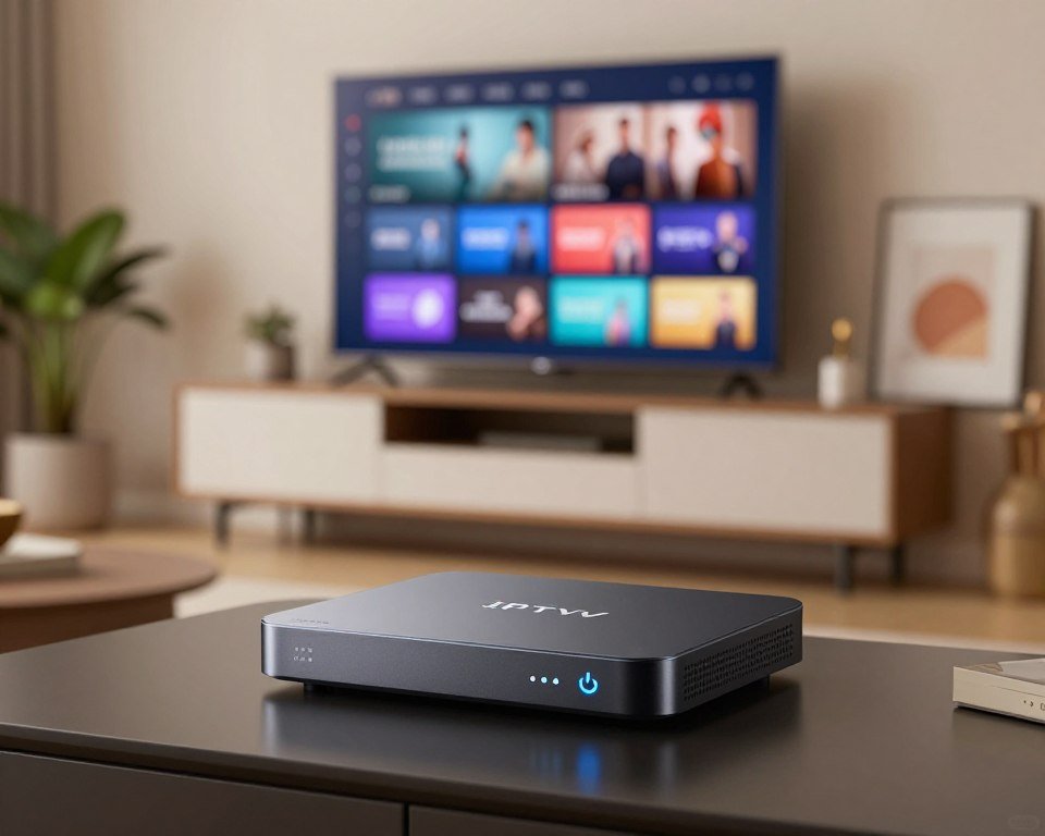A high-quality IPTV box positioned prominently in the foreground, showcasing its sleek design and illuminated power indicator. The IPTV box is surrounded by a modern living room setting, featuring a stylish TV stand with a flat-screen television displaying vibrant streaming content in the background. Soft, ambient lighting enhances the mood, creating a cozy atmosphere that suggests home entertainment. A blurred view of comfortable seating and decorative elements like plants and artwork adds depth to the middle ground. Use a shallow depth of field to emphasize the IPTV box while keeping the background softly out of focus. The overall composition conveys a sense of advanced technology and optimal viewing experience in a contemporary home.