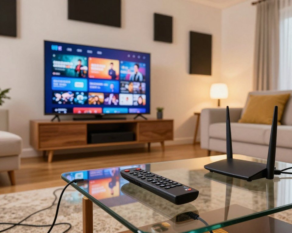 A high-tech home streaming setup in a cozy living room, featuring a modern flat-screen TV displaying vivid IPTV content. In the foreground, a sleek remote control rests on a glass coffee table surrounded by an array of cables and a high-speed router. In the middle ground, a comfortable sofa and plush cushions create an inviting atmosphere, with soft ambient lighting illuminating the space. In the background, a wall mounted with soundproof panels enhances the setting’s professional feel. The overall mood is warm yet cutting-edge, highlighting the blend of comfort and advanced streaming technology. Capture this scene with a slight low angle to emphasize the technology and create depth, using bright, natural lighting for a vibrant effect.