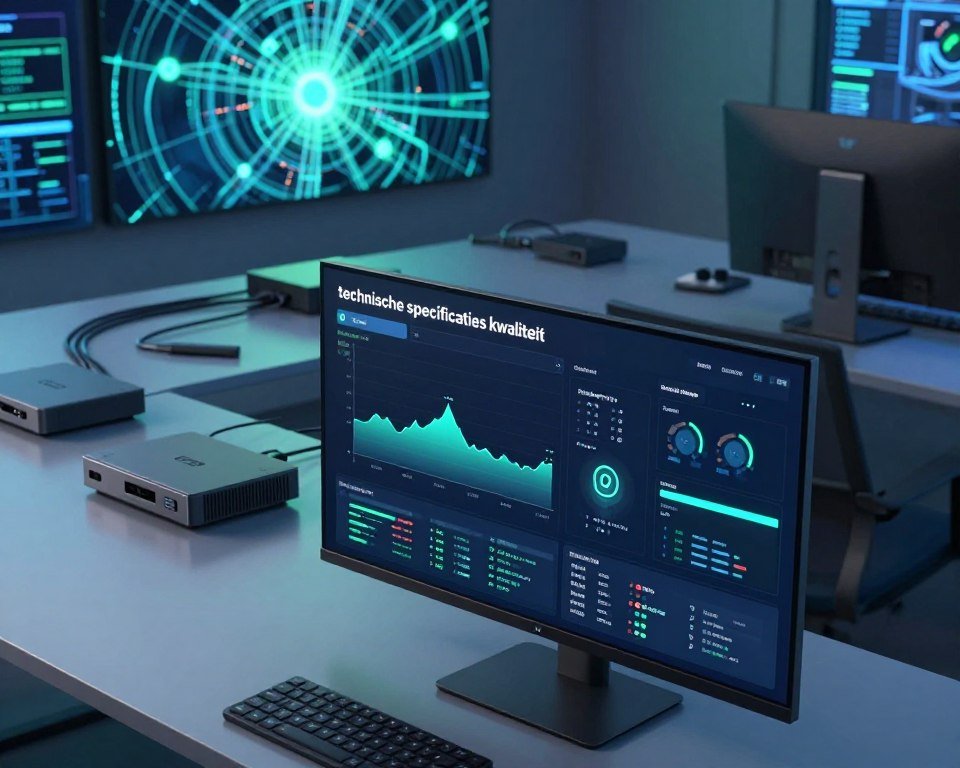 A high-tech workspace showcasing "technische specificaties kwaliteit" for Smart IPTV. In the foreground, a sleek monitor displays detailed IPTV specifications, graphs, and data metrics with glowing highlights. The middle ground features modern gadgets like set-top boxes and streaming devices arranged on a polished desk. Background elements include abstract digital art representing connectivity, data flow, and a network of cables, bathed in soft blue and green lighting. The atmosphere should evoke a sense of innovation and professionalism, with a slight emphasis on clarity and quality assurance. The scene is captured from a slight overhead angle, using a sharp lens to enhance the intricate details and textures, creating a dynamic visual experience reflecting the essence of technological excellence.