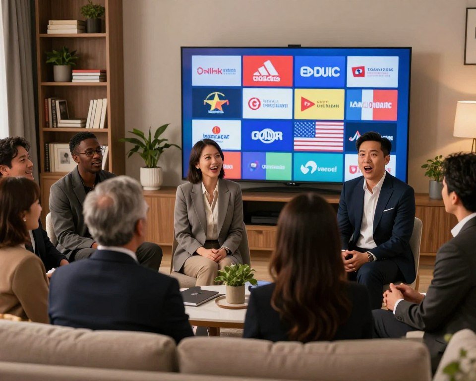 A lively and modern living room setting with a large flat-screen TV displaying various international television channels. In the foreground, a diverse group of adults dressed in professional business attire is engaged in a viewing session, with excitement and focus on their faces. The middle layer shows the TV showcasing colorful logos of popular channels from different countries, creating a visually appealing collage. The background features elegant décor, including a bookshelf filled with travel books and plants for a cozy atmosphere. Soft, warm lighting enhances the inviting feel of the room, while the scene is captured with a slight angle to emphasize the interaction and engagement among the viewers.