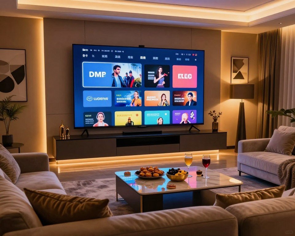 A luxurious home entertainment setup featuring a large, high-definition flat-screen TV displaying a vibrant and colorful streaming interface. The foreground includes plush sofas with elegant cushions, inviting viewers to relax. In the middle, a stylish coffee table is adorned with gourmet snacks and drinks, creating a perfect atmosphere for a movie night. The background showcases ambient lighting with a warm glow, framing the space and enhancing the cozy vibe. The room is decorated with modern art pieces and subtle, sophisticated decor. The scene is set in a contemporary living room, exuding a premium feel that captures the essence of top-tier entertainment. The image should convey a sense of comfort, excitement, and high-quality leisure, illuminated by soft, warm lighting that enhances the inviting atmosphere.