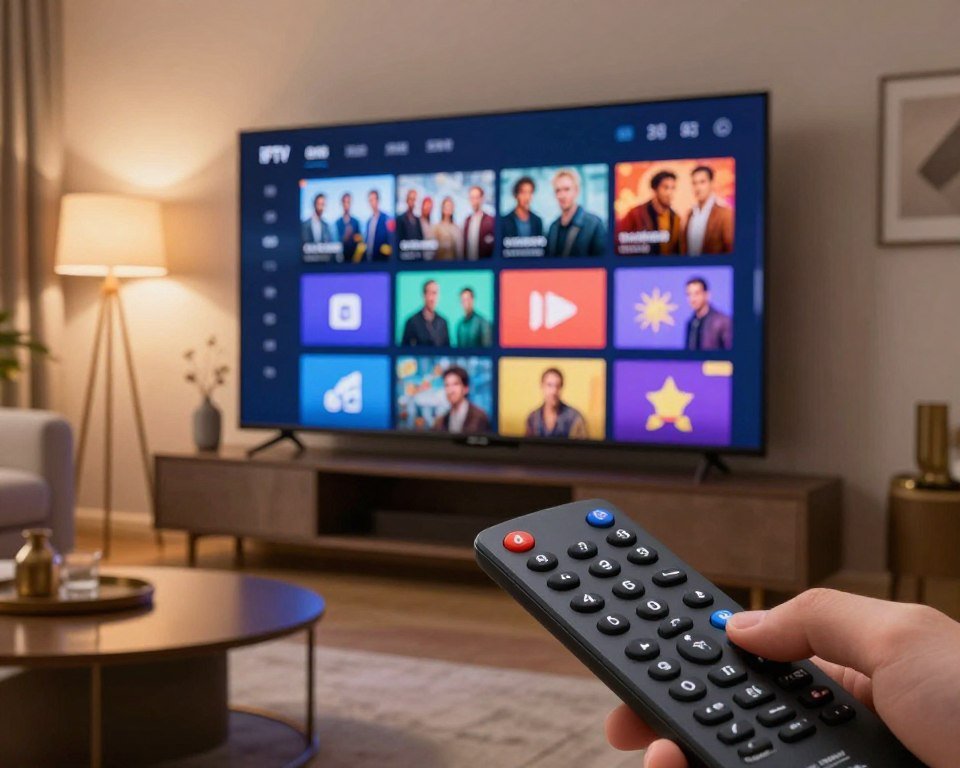 A modern IPTV Smart Player interface displayed on a sleek television screen in a cozy living room setting. In the foreground, a close-up of a remote control with illuminated buttons, emphasizing user interaction. The middle layer shows the vibrant interface of the IPTV app, featuring easy navigation and colorful thumbnails of popular shows. The background includes soft, ambient lighting from floor lamps, creating a warm atmosphere. A stylish couch and a decorative coffee table complete the scene, suggesting comfort and leisure. The image should have a professional look, captured at a slight angle to convey depth and engagement, evoking a positive mood around user experience and technology interaction.